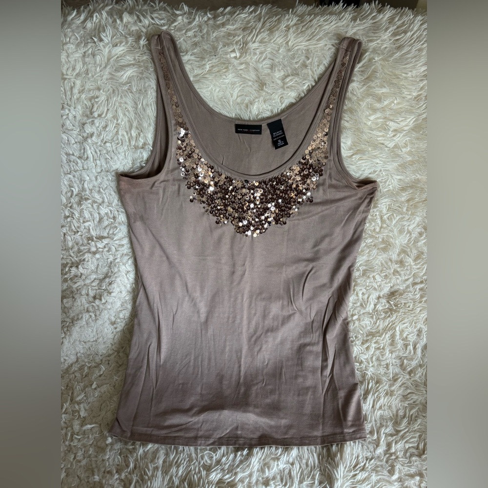 New York & Company Glam Brown Sequin Embellished Sleeveless Tank Top Women’s XL
